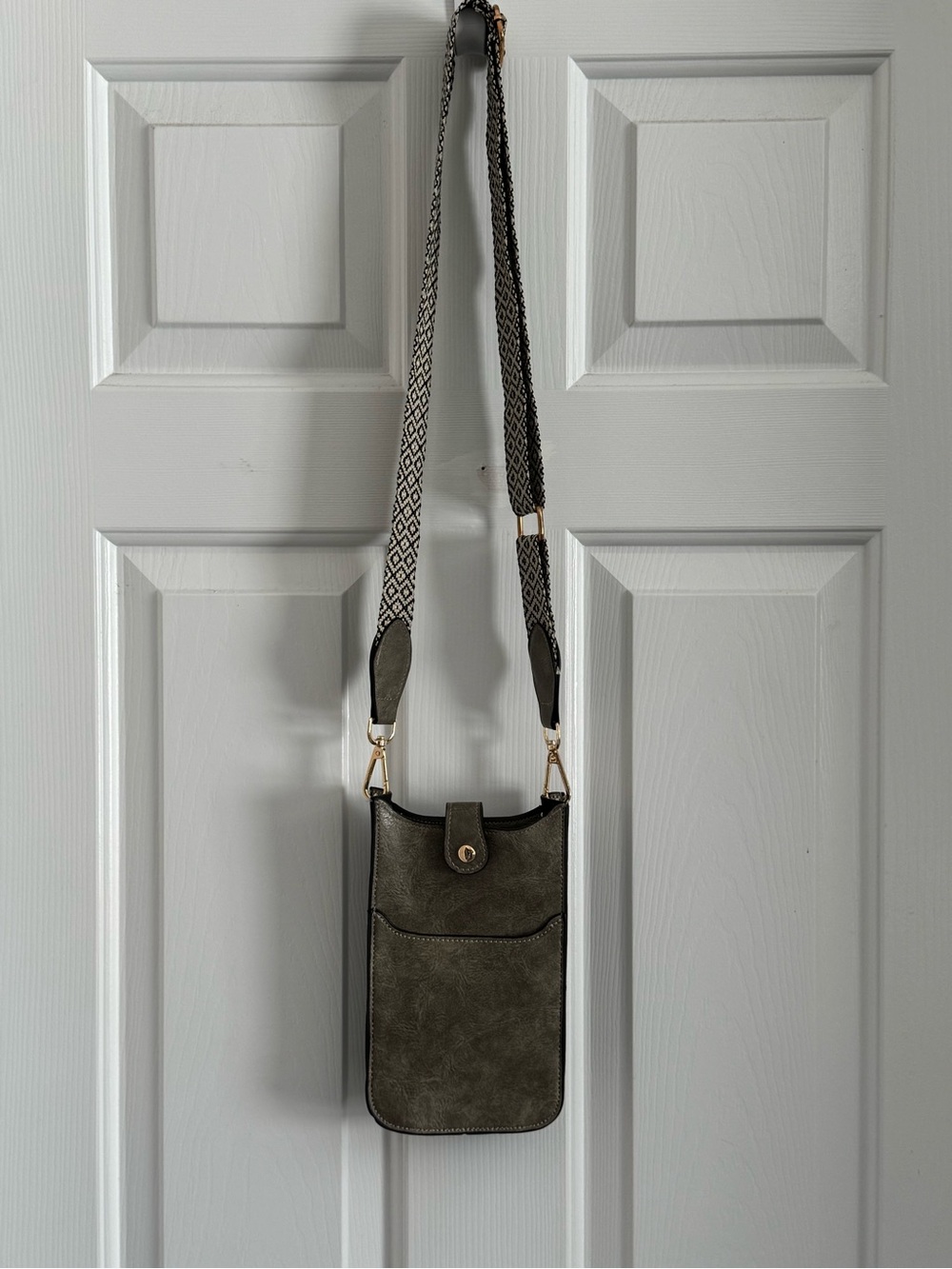 Grey PU Leather Crossbody Phone Bag with Removable Patterned Strap